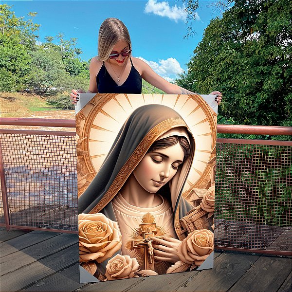 Quadro Decorativo Canvas Religioso Virgem Maria com Rosas Vertical