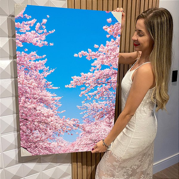 Quadro Decorativo Flutuante Paisagem Cerejeira Rosa Vertical