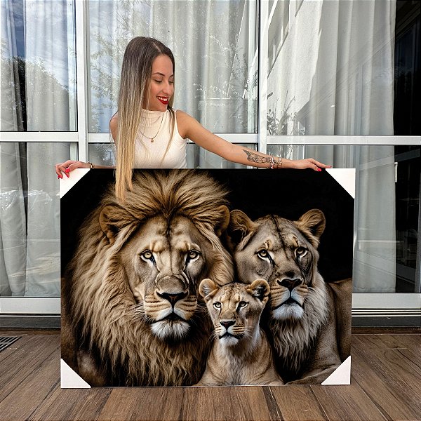 Quadro Decorativo Canvas Família de Leões com Um Filhote Horizontal