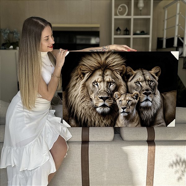 Quadro Decorativo Flutuante Família de Leões com Um Filhote Horizontal
