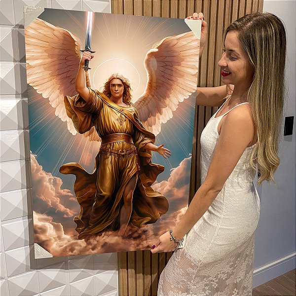Quadro Decorativo Flutuante Religioso Arcanjo com Espada Vertical