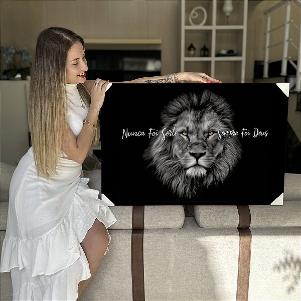 Quadro Decorativo Flutuante Leão Nunca foi Sorte Sempre foi Deus Olhos Amarelos Horizontal