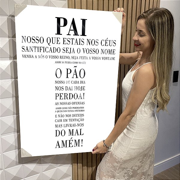 Quadro Decorativo Flutuante Oração Pai Nosso Letras Pretas Fundo Branco Vertical