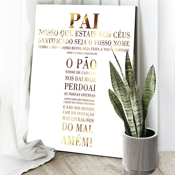 Quadro Decorativo Canvas Oração Pai Nosso Letras Douradas Fundo Branco Vertical