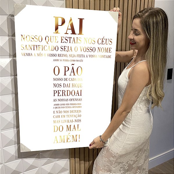 Quadro Decorativo Flutuante Oração Pai Nosso Letras Douradas Fundo Branco Vertical