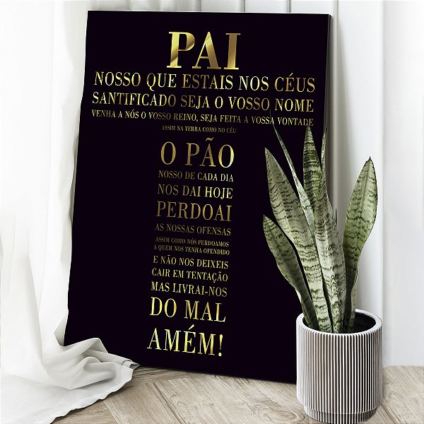 Quadro Decorativo Canvas Oração Pai Nosso Letras Douradas Fundo Preto Vertical