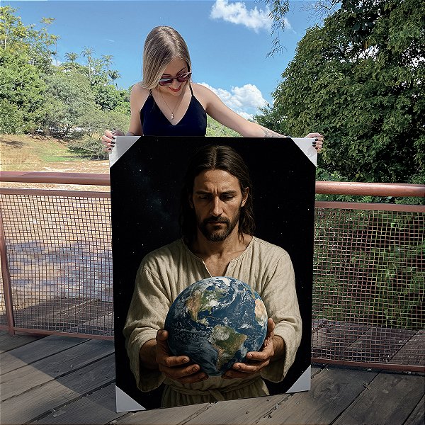 Quadro Decorativo Canvas Religioso Jesus Cristo e o Mundo Vertical