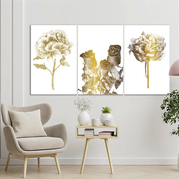 Quadro Decorativo Canvas Trio Flores em Dourado Brilhante