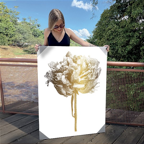 Quadro Decorativo Canvas Flor em Dourado Brilhante Vertical