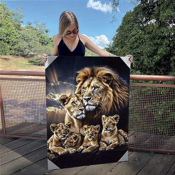 Quadro Decorativo Canvas Família de Leões 4 Filhotes Vertical