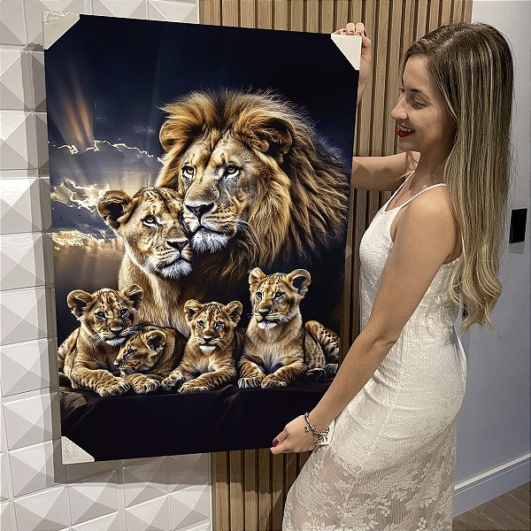 Quadro Decorativo Flutuante Família de Leões 4 Filhotes Vertical