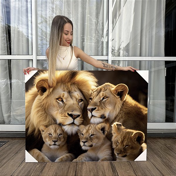 Quadro Decorativo Canvas Família de Leões 3 Filhotes Horizontal