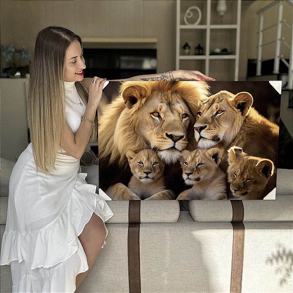 Quadro Decorativo Flutuante Família de Leões 3 Filhotes Horizontal