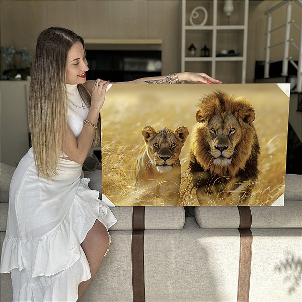 Quadro Decorativo Flutuante Casal de Leões Horizontal