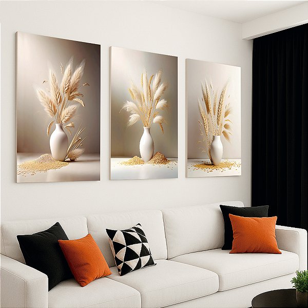 Quadro Decorativo Trio em Canvas Vasos com Capim dos Pampas