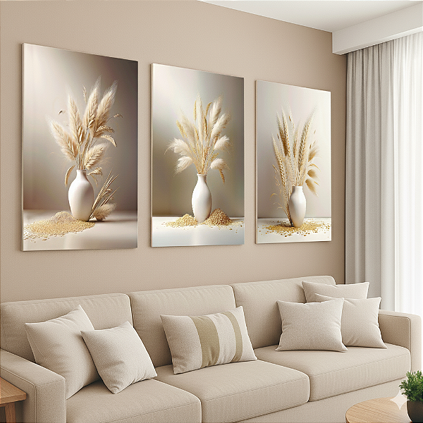 Quadro Decorativo Trio em Canvas Vasos com Capim dos Pampas