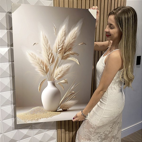 Quadro Decorativo Flutuante Vasos com Capim dos Pampas Luxo Vertical
