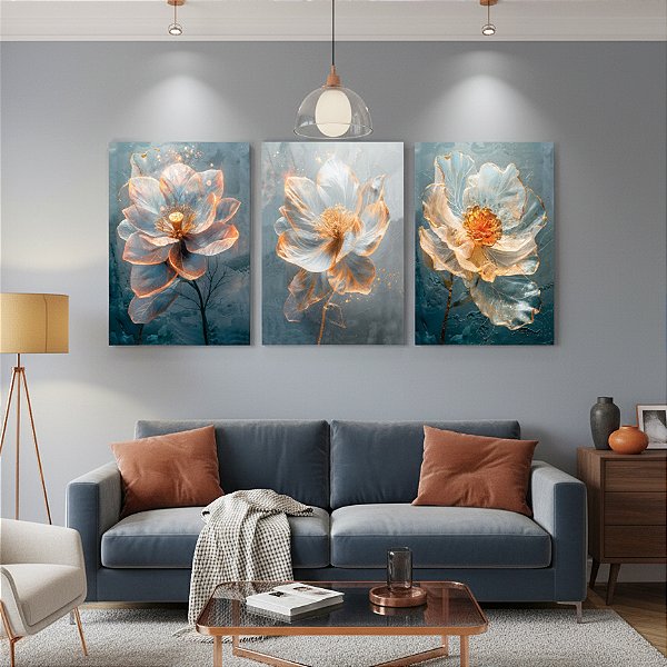 Quadro Decorativo Trio em Canvas Flores Azuis Pétalas Transparentes e Detalhes Laranja