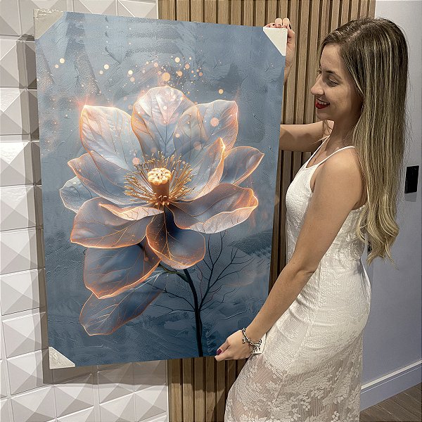 Quadro Decorativo Flutuante Flores Azuis com Detalhes Laranja Vertical