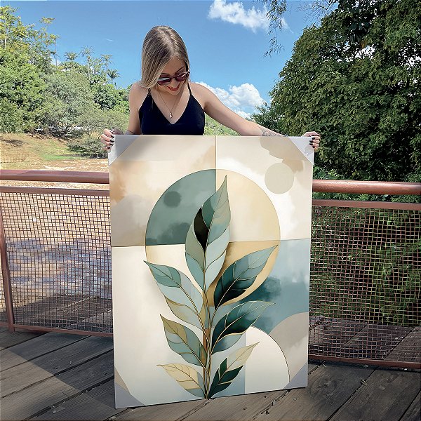 Quadro Decorativo Canvas Folhas Esverdeadas e Fundo Abstrato Vertical