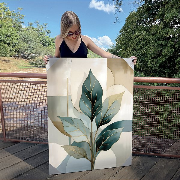 Quadro Decorativo Canvas Folhas Esverdeadas e Fundo Abstrato Vertical