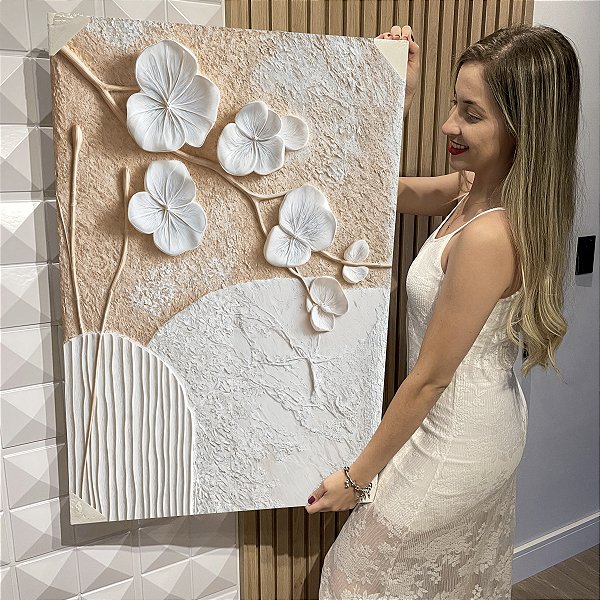 Quadro Decorativo Flutuante Composição Abstrata Flores Brancas