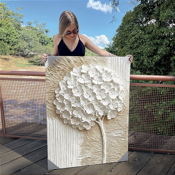 Quadro Decorativo Canvas Floral Abstrato Branco Hortência Vertical