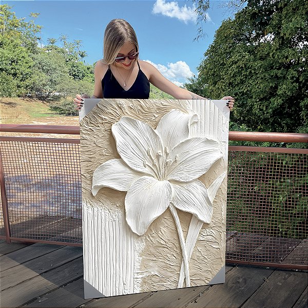 Quadro Decorativo Canvas Floral Abstrato Branco Lírio Vertical