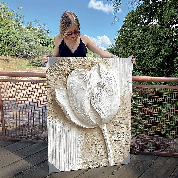 Quadro Decorativo Canvas Floral Abstrato Branco Tulipa Vertical