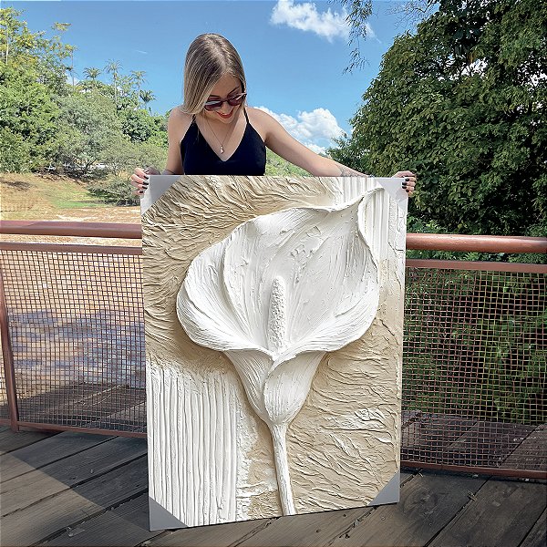 Quadro Decorativo Canvas Floral Abstrato Branco Copo-de-Leite Vertical