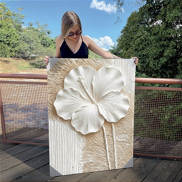 Quadro Decorativo Canvas Floral Abstrato Branco Flor de Hibisco Vertical