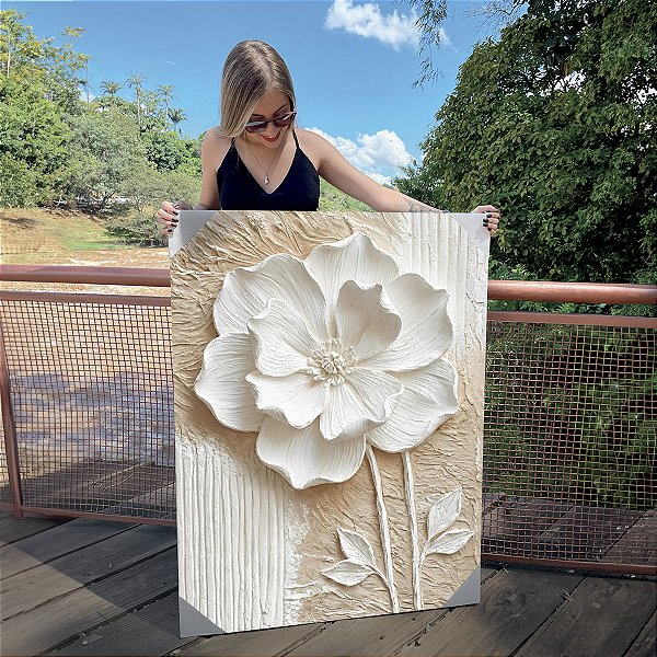 Quadro Decorativo Canvas Floral Abstrato Branco Jasmim Vertical