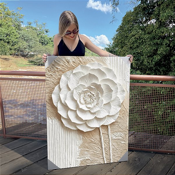 Quadro Decorativo Canvas Floral Abstrato Branco Camélia Vertical