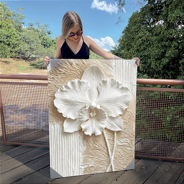Quadro Decorativo Canvas Floral Abstrato Branco Orquídea Vertical