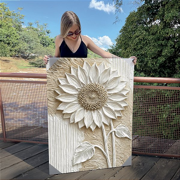 Quadro Decorativo Canvas Floral Abstrato Branco Girassol Vertical