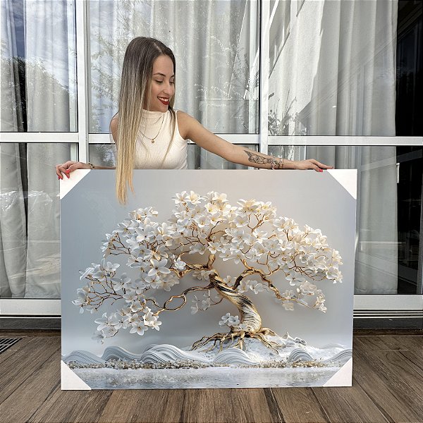 Quadro Decorativo Canvas Árvore da Vida Branco e Dourado Horizontal