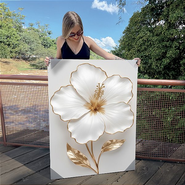 Quadro Decorativo Canvas Flor de Hibisco Branca e Dourada Luxo