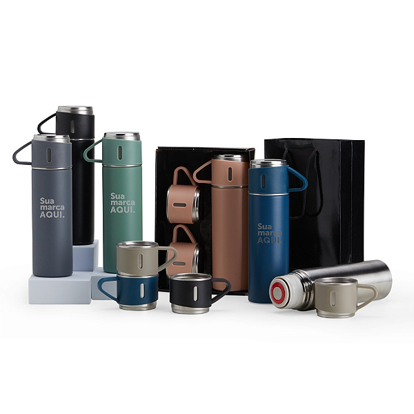 KIT GARRAFA + 3 CANECAS TÉRMICAS 460ML