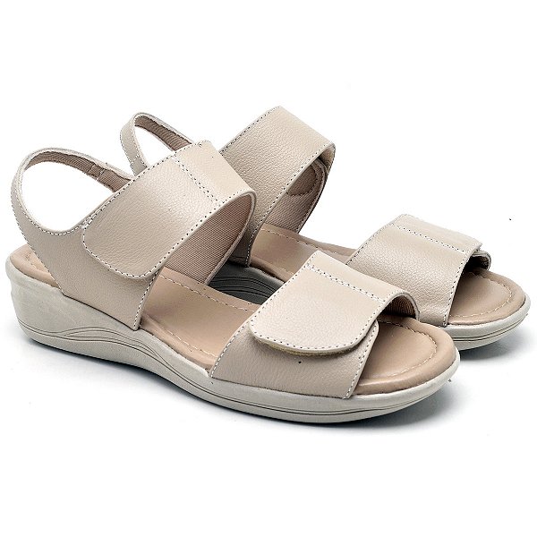 Sandália Ortopédica Feminina Anabela Conforto Macia Anti Stress Couro Legítimo Salto Baixo Leve