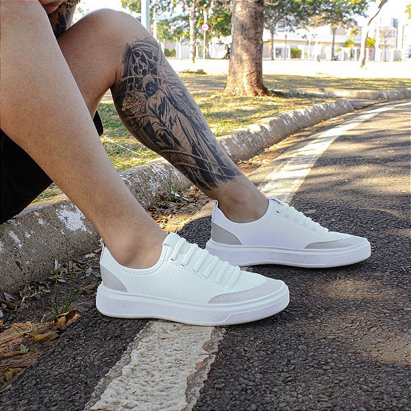 Tenis Branco Casual Masculino Sapatenis Sola Alta Nylon Cano Baixo Leve Confortável