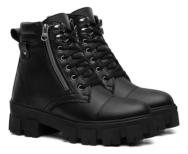 Bota Coturno Tratorada Feminina Cano Curto Zíper Plataforma Blogueira