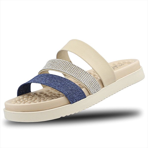 Papete Modare Ultra Conforto Feminino Tiras - Creme/Jeans Escuro