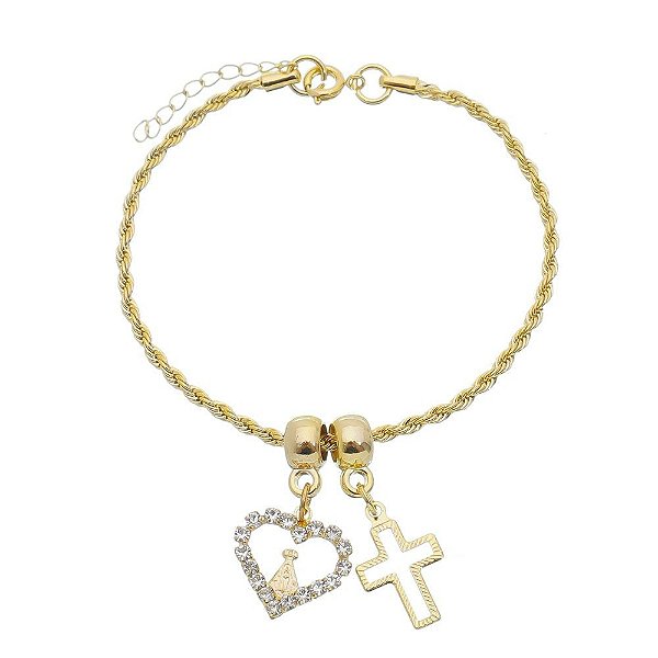 Pulseira Nossa Senhora Aparecida com Pingente Coração e Cruz
