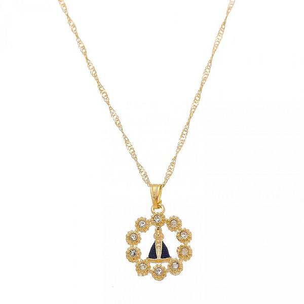 Colar Nossa Senhora Aparecida Trabalhado Strass e Brinco