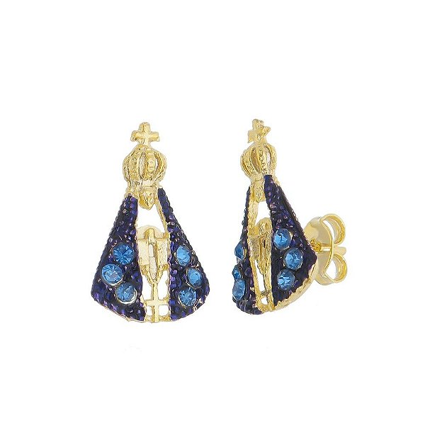 Brinco Nossa Senhora Aparecida Folheado Com Strass Azul Vazado