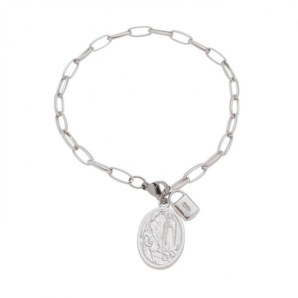 Pulseira Cadeia da Consagração Com Medalha de Nossa Senhora de Fátima Inox