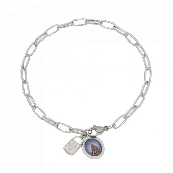 Pulseira Cadeia da Consagração com Medalha de Nossa Senhora Aparecida Colorida Inox