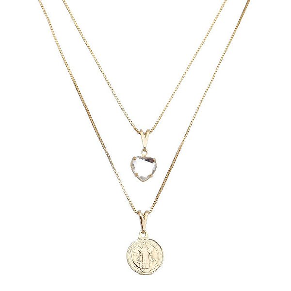 Colar São Bento Duplo com Coração Cristal Folheado