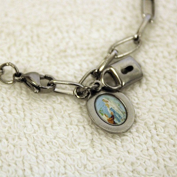 Pulseira Cadeia da Consagração Com Medalha de Nossa Senhora de Lourdes Inox