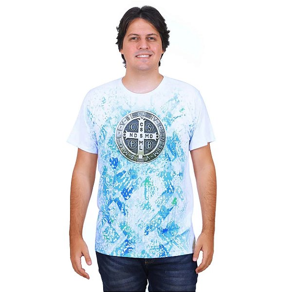Camiseta Medalha de São Bento DV12094 Detalhes Azul
